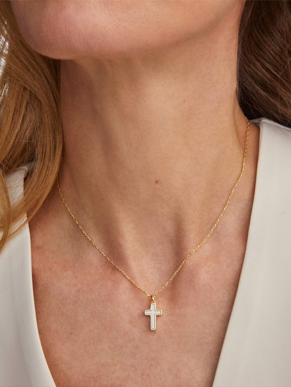 Cross Gold Pendant Necklace in White Lab Grown Opal - Picture 2 of 7